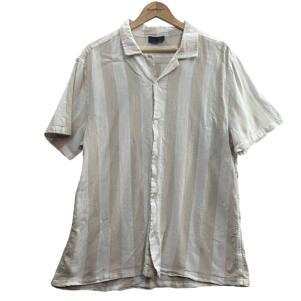 Magaschoni Button Down Shirt Mens XL Tan White Striped Linen Blend Short Sleeve